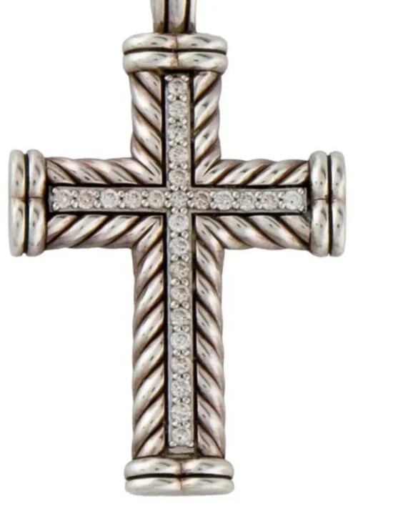 DAVID YURMAN DIAMOND STERLING SILVER 925 CHEVRON CROSS PENDANT - Picture 7 of 8